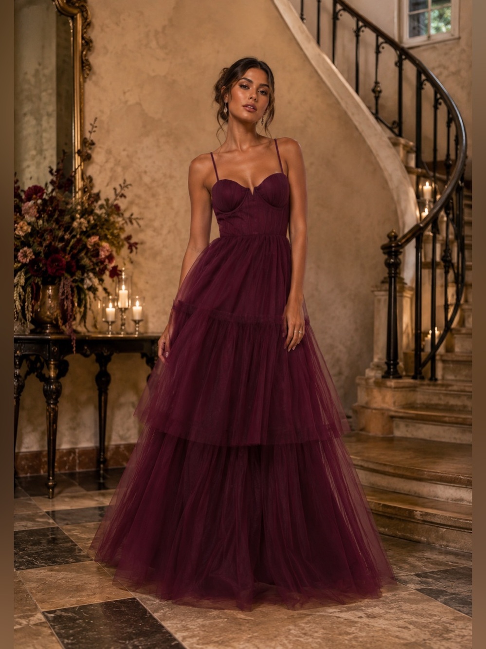 Lulus Unforgettable Poise Plum Purple Tulle Bustier Tiered Maxi Dress Large NEW